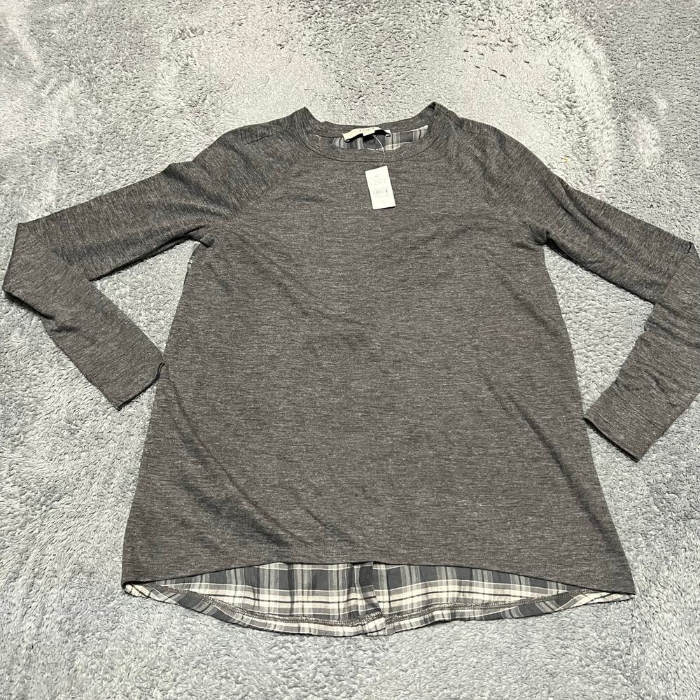 Ann Taylor Loft Shirt Womens XS Gray Back Plaid Button Blouse Long Sleeve